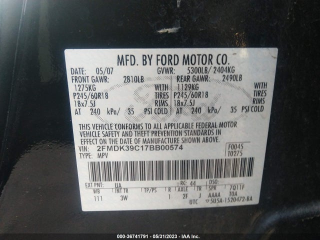 2007 FORD EDGE SEL PLUS VIN: 2FMDK39C17BB00574