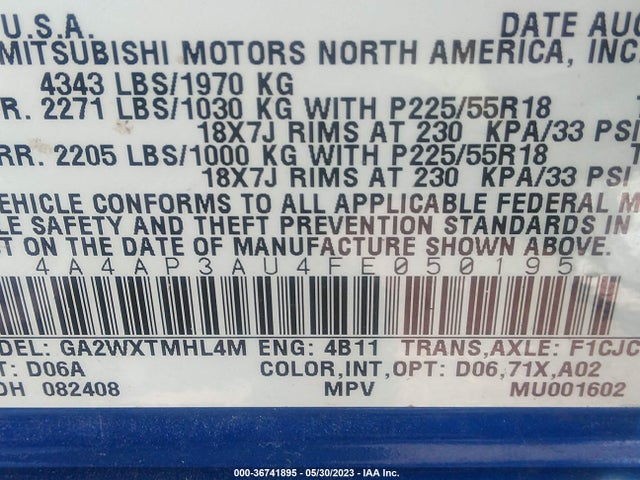 4A4AP3AU4FE050195 Mitsubishi Outlander Sport Es