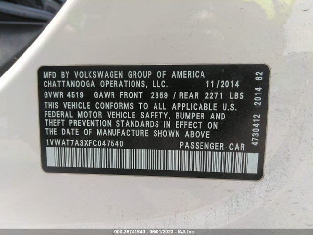 1VWAT7A3XFC047540 Volkswagen Passat 1.8t Wolfsburg Ed