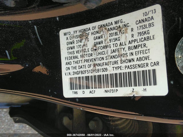 2013 HONDA CIVIC SDN LX VIN: 2HGFB2F51DH591509