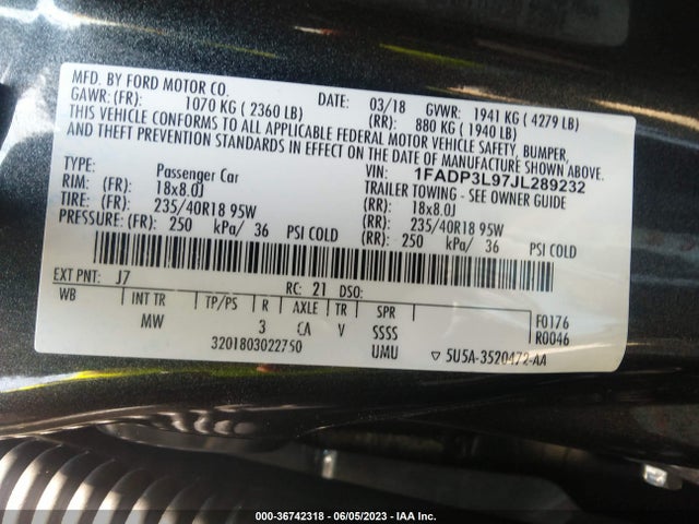 2018 FORD FOCUS ST VIN: 1FADP3L97JL289232
