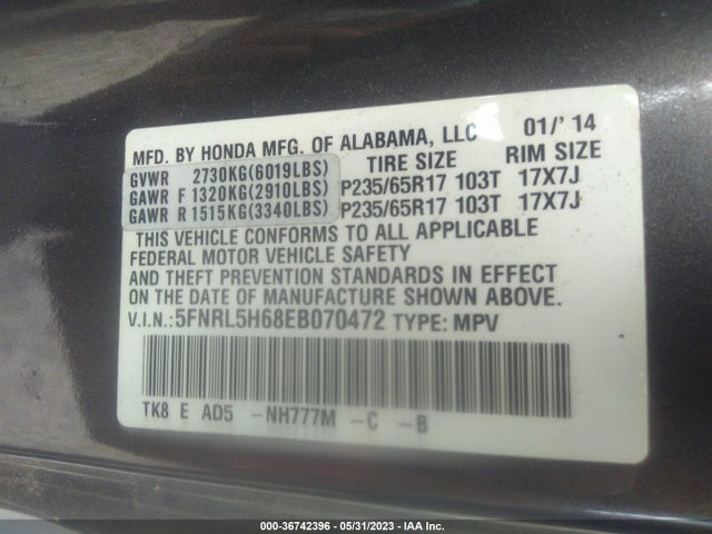 Honda Odyssey Ex-l 2014 5FNRL5H68EB070472 Image 9