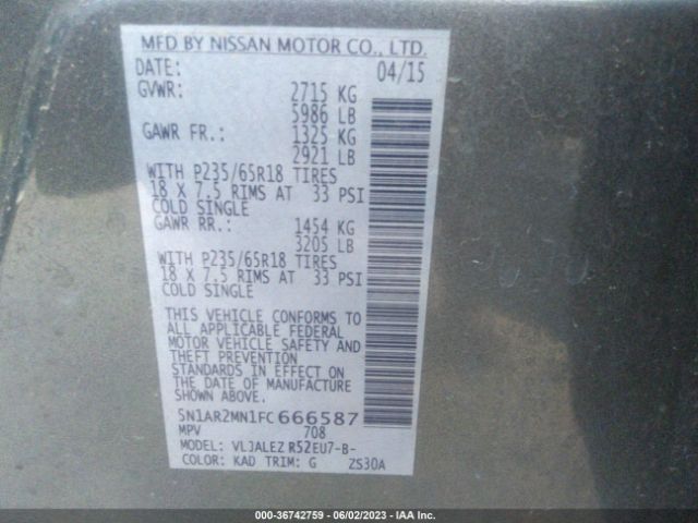 5N1AR2MN1FC666587 Nissan Pathfinder Sv