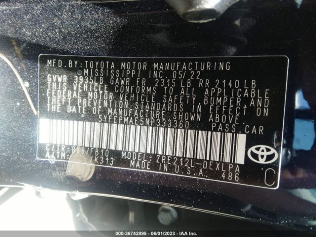 5YFEPMAE5NP333360 Toyota COROLLA LE