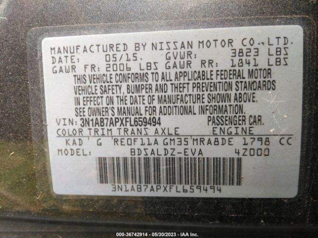 3N1AB7APXFL659494 Nissan Sentra Sr/sl/s/sv/fe+ S
