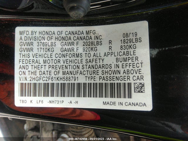 Honda Civic Sedan Lx 2019 2HGFC2F61KH588791 Image 10