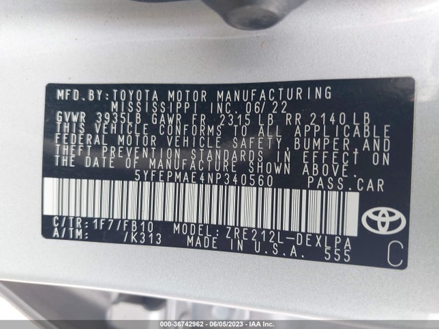 Toyota COROLLA LE 2022 5YFEPMAE4NP340560 Image 9