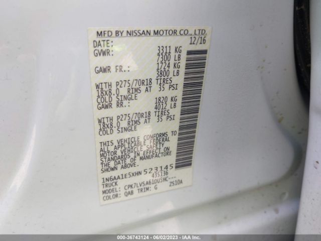 1N6AA1E5XHN523145 Nissan Titan Sl