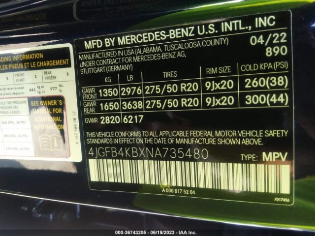 4JGFB4KBXNA735480 Mercedes-Benz Gle Gle 350