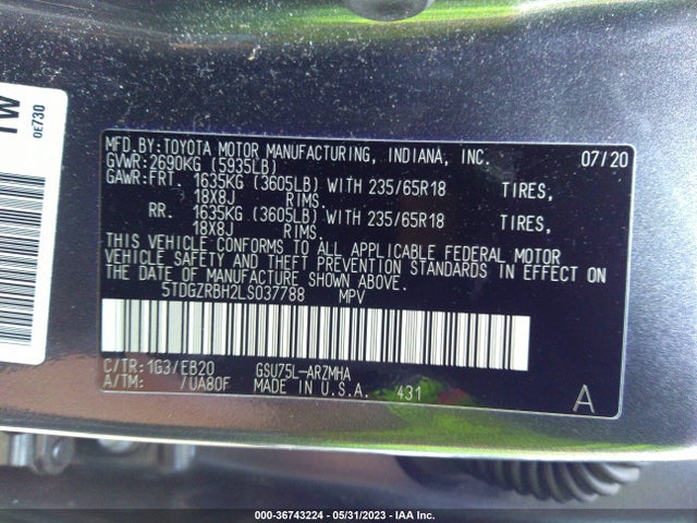 Toyota Highlander Xle 2020 5TDGZRBH2LS037788 Image 10