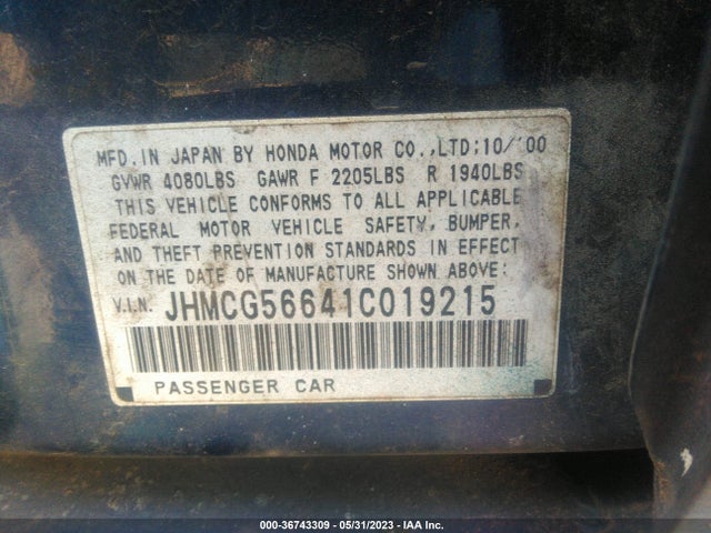 2001 HONDA ACCORD SDN EX VIN: JHMCG56641C019215