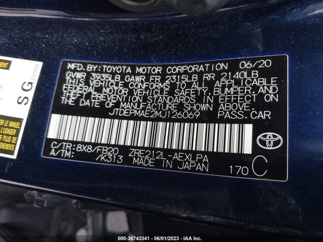 2021 TOYOTA COROLLA LE VIN: JTDEPMAE2MJ126069