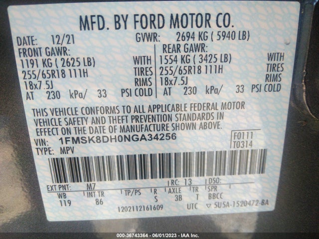 Ford EXPLORER XLT 2022 1FMSK8DH0NGA34256 Image 9
