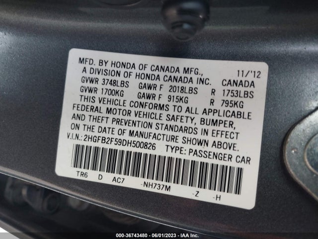 2013 HONDA CIVIC SDN LX VIN: 2HGFB2F59DH500826