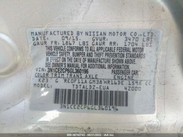 3N1CE2CP6GL360196 Nissan Versa Note S/s Plus/sv/sr/sl
