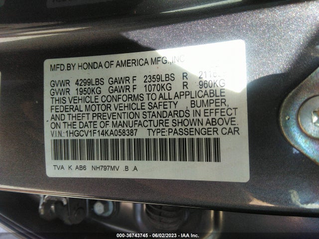 2019 HONDA ACCORD SEDAN LX 1.5T VIN: 1HGCV1F14KA058387