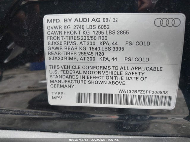 2023 Audi Q4 Sportback e-tron, VIN: WA132BFZ5PP000838