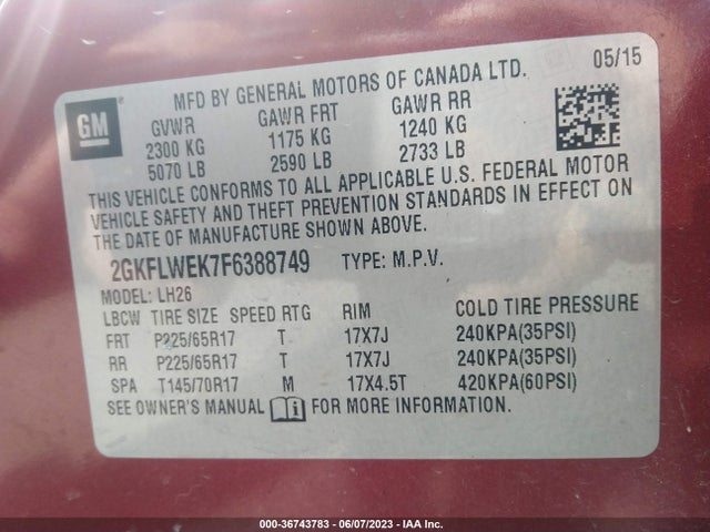 GMC Terrain Sle-2 2015 2GKFLWEK7F6388749 Image 9