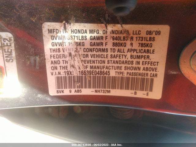 2009 HONDA CIVIC SDN LX VIN: 19XFA16539E048645