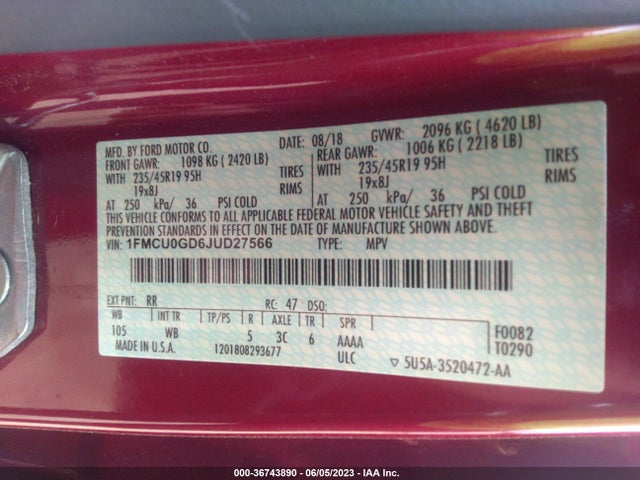 2018 FORD ESCAPE SE VIN: 1FMCU0GD6JUD27566