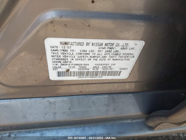2008 INFINITI G35 SEDAN X VIN: JNKBV61F98M261999