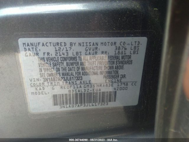 3N1AB7AP3JL617323 Nissan SENTRA SV