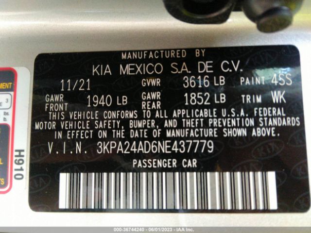 3KPA24AD6NE437779 KIA RIO LX