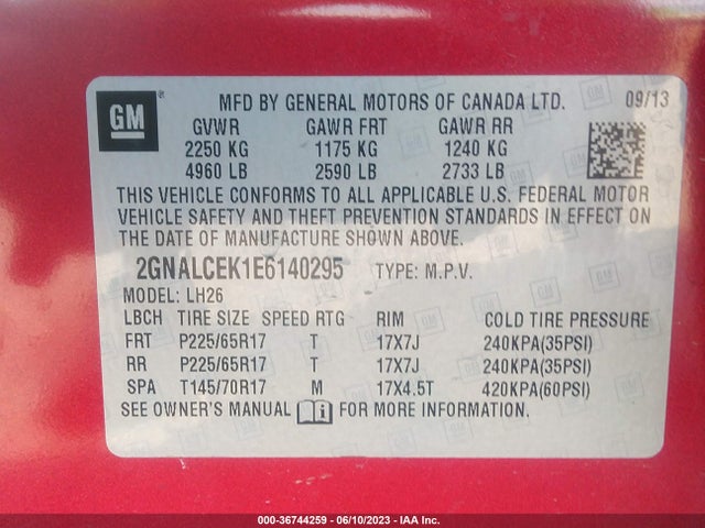 Chevrolet EQUINOX LT 2014 2GNALCEK1E6140295 Image 9