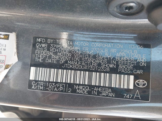 2007 TOYOTA PRIUS VIN: JTDKB20U473212328