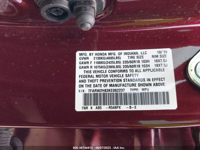 Honda Cr-v Ex-l 2019 7FARW2H83KE062237 Image 9