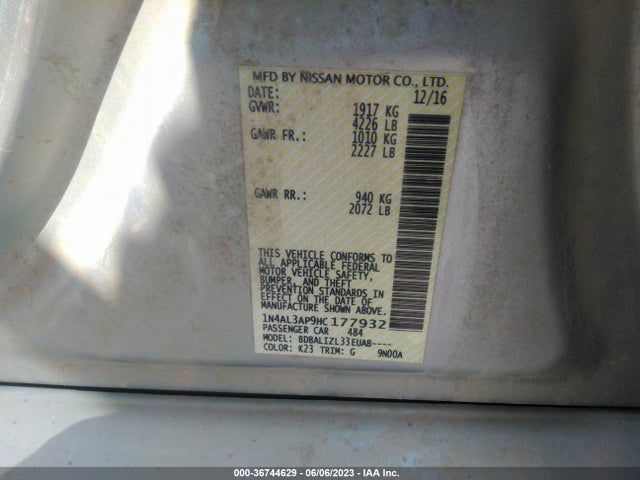 2017 NISSAN ALTIMA 2.5 SV VIN: 1N4AL3AP9HC177932