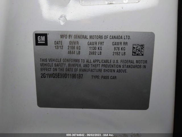 2013 CHEVROLET IMPALA LT VIN: 2G1WG5E39D1196187
