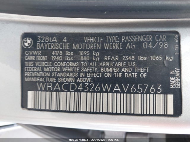 1998 BMW 3 SERIES 328IA VIN: WBACD4326WAV65763