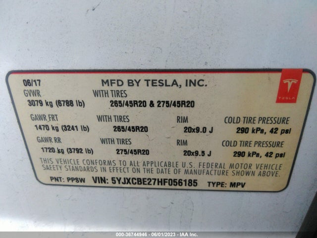 Tesla Model X 90d/75d/100d 2017 5YJXCBE27HF056185 Image 10