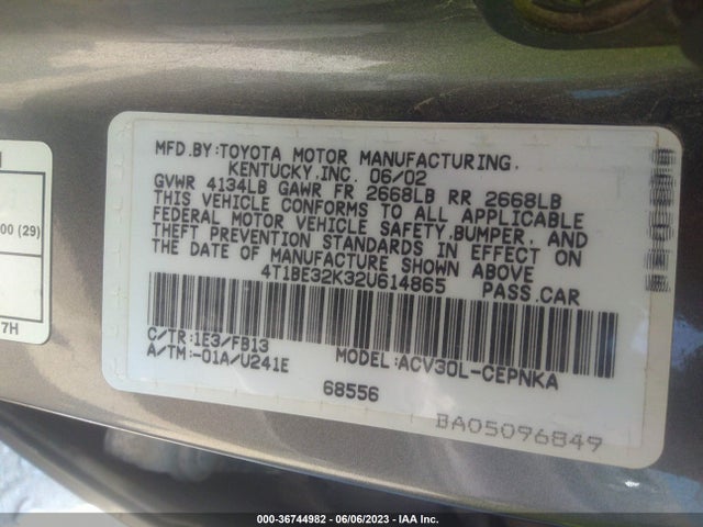 2002 TOYOTA CAMRY LE/SE/XLE VIN: 4T1BE32K32U614865