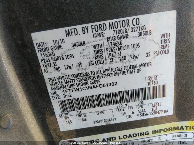 2010 FORD F-150 XL/XLT VIN: 1FTFW1CV6AFD61382