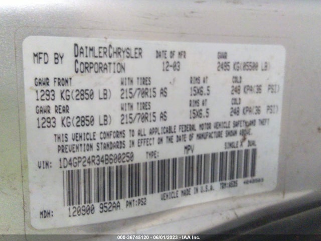 2004 DODGE GRAND CARAVAN SE VIN: 1D4GP24R34B600250