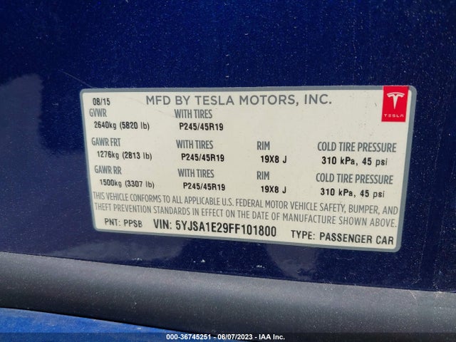 Tesla Model S 85d/70d/90d/p90d 2015 5YJSA1E29FF101800 Image 9