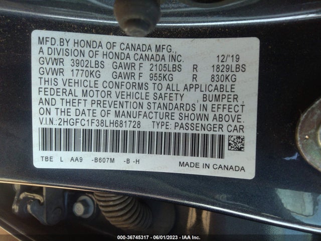 2020 HONDA CIVIC SEDAN EX VIN: 2HGFC1F38LH681728