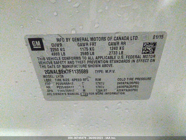 Chevrolet EQUINOX LT 2015 2GNALBEK7F1135689 Image 11
