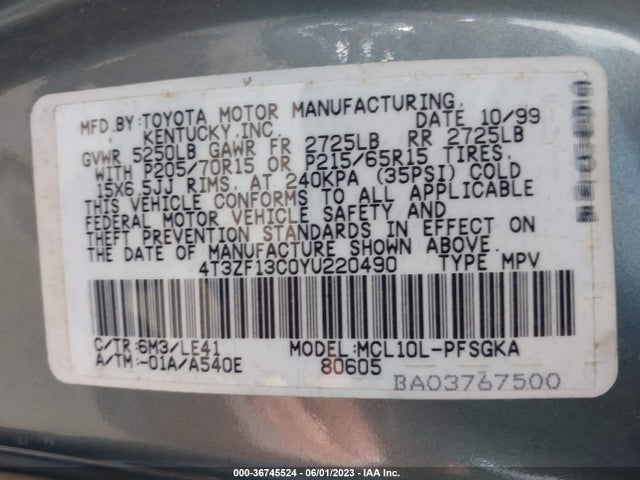 2000 TOYOTA SIENNA LE/XLE VIN: 4T3ZF13C0YU220490