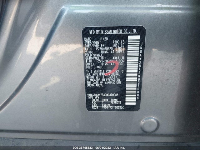 2021 NISSAN ARMADA SL VIN: JN8AY2BA3M9370086