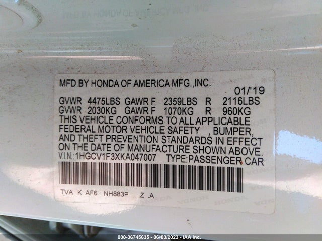 2019 HONDA ACCORD SEDAN SPORT 1.5T VIN: 1HGCV1F3XKA047007