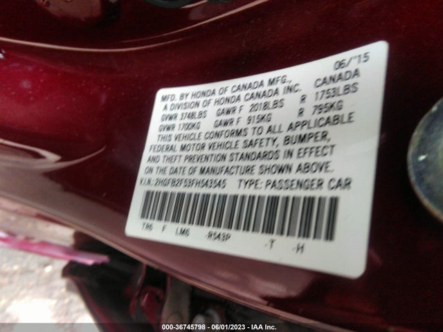 Honda Civic Sedan Lx 2015 2HGFB2F53FH543545 Image 9