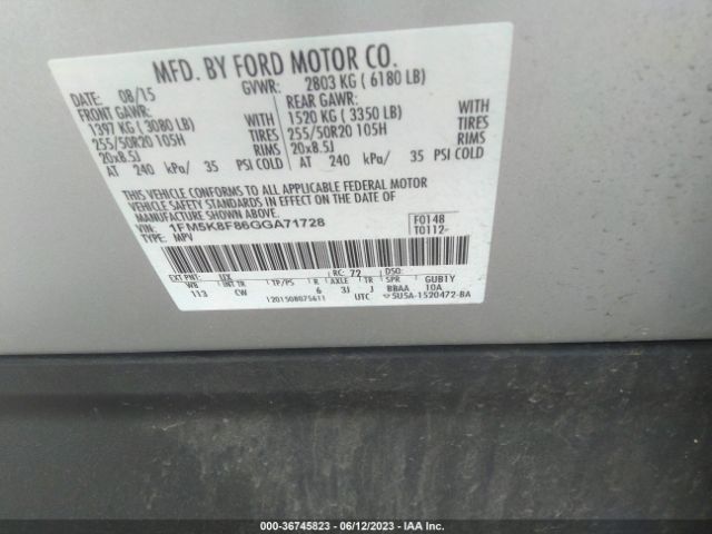 1FM5K8F86GGA71728 Ford Explorer Limited
