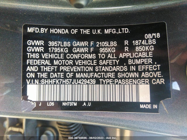 Honda Civic Hatchback Ex 2018 SHHFK7H57JU429439 Image 9