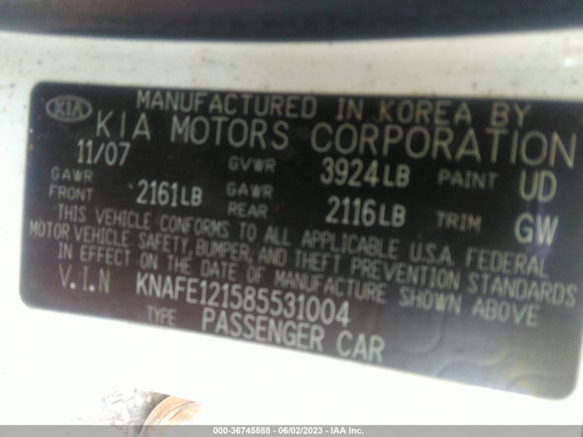 2008 KIA SPECTRA LX VIN: KNAFE121585531004