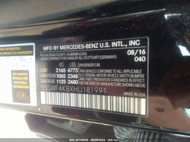 2017 MERCEDES-BENZ C-CLASS C 300 VIN: 55SWF4KBXHU181991