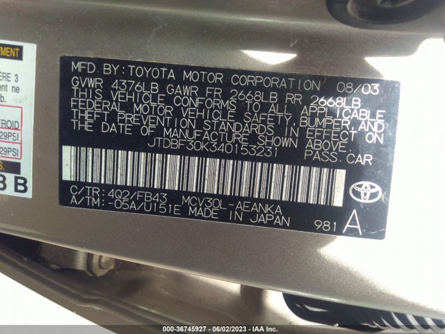 2004 TOYOTA CAMRY LE VIN: JTDBF30K340153231