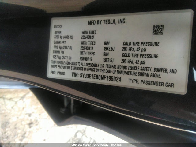 Tesla Model 3 Long Range 2022 5YJ3E1EB0NF195024 Image 9